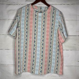 Alfred Dunner Top Size 12 Aztec Pattern Pink Blue Light Short Sleeve Shirt